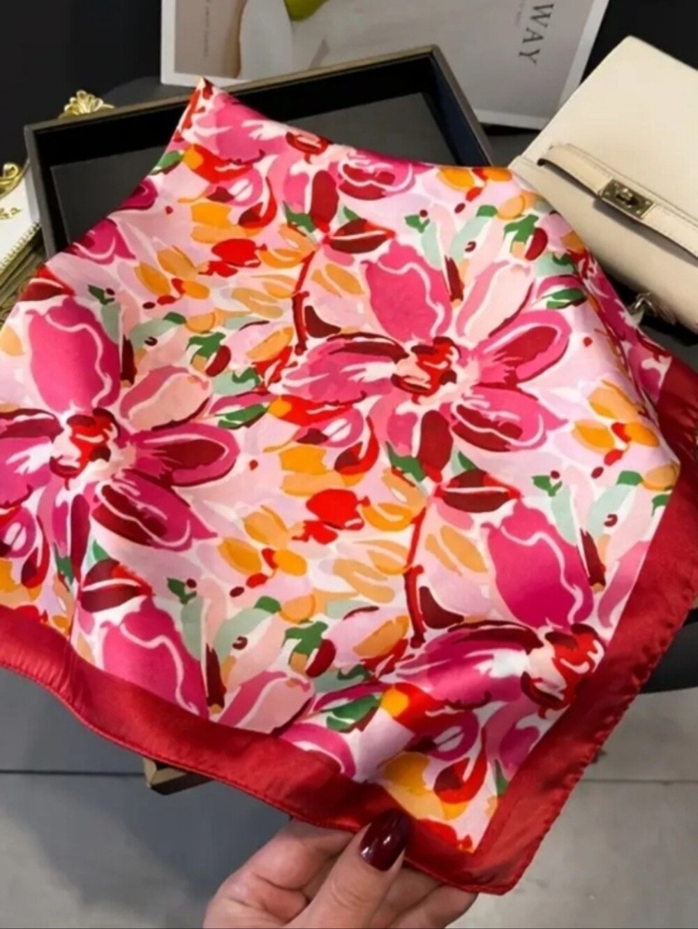 Floral Pink Silk-Look Square Scarf with Red Border